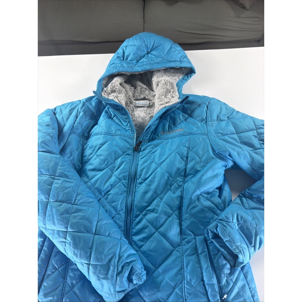 Columbia Women's Medium Hooded Quilted Jacket Turquoise Faux Fur Lined